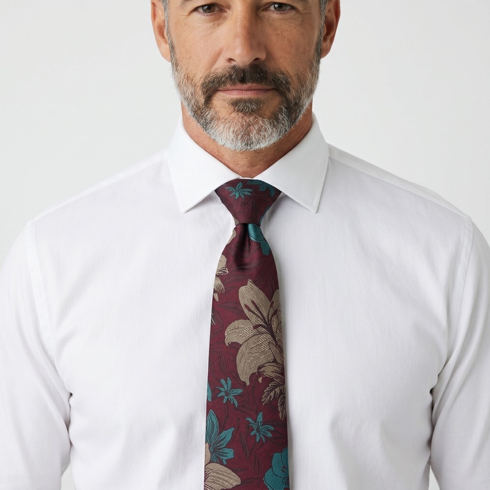Oscar De La Renta Studio Floral Tie Burgundy Gold Teal USA Designer Necktie